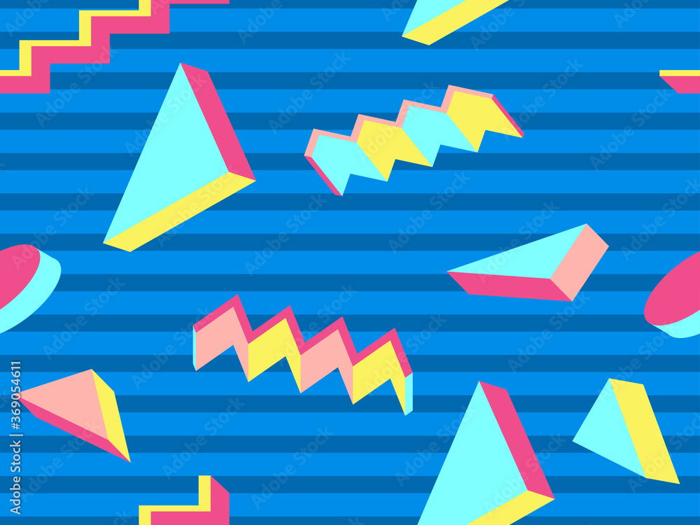 Seamless pattern 3d isometric geometric shapes in memphis style 80s. Background for promotional products, wrapping paper and printing. Vector illustration