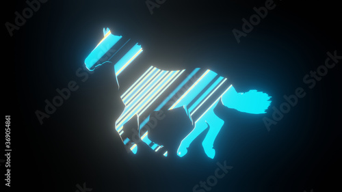 Illustration graphic of colorful lining texture or pattern formation on the horse body shape, isolated on black background. 3d rendering abstract loop neon lighting effect on horse shape.