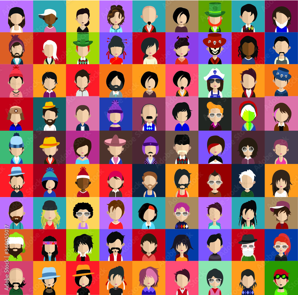Set of people icons in flat style with faces. Vector women, men with color background Set of people icons in flat style with faces. Vector women, men with color background