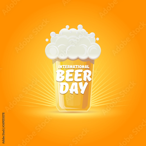 international beer day banner or poster with beer glass isolated on orange beer background . Happy beer day label or greeting card