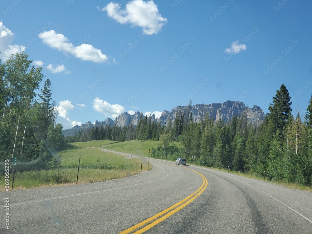 Fototapeta premium Rock formation and trees along the highway in Wyoming
