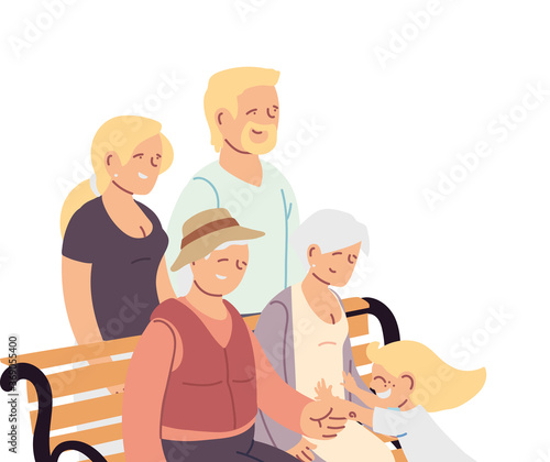 Grandmother grandfather parents and granddaughter on bench vector design
