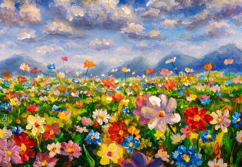 Fototapeta Naklejka Na Ścianę i Meble -  landscape of multicolored flowers watercolor painting style.oil painting colorful wildflowers
