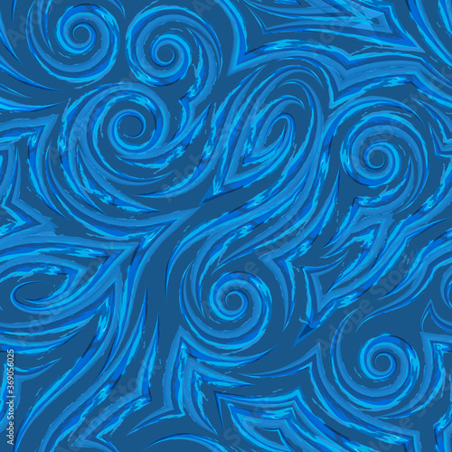 Vector watercolor seamless pattern drawn with a brush on a blue background for decor.Smooth lines with torn edges in the form of spirals of corners and loops.