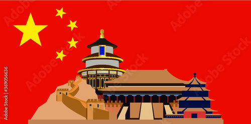 Flag of China with most popular buildings