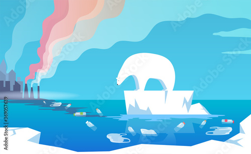 White polar bear suffers on melting ice floes surrounded by plastic garbage and pollution from human`s factories 
