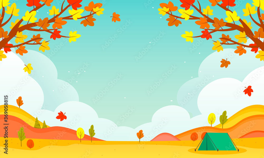 Autumn landscape background vector illustration. Maple branch frame with Fall camping