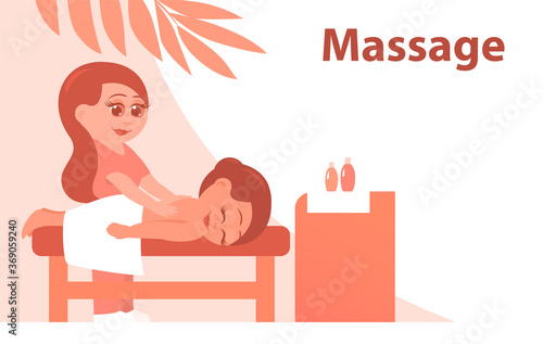 Woman on a massage procedure in a beauty salon. Banner with place for text. Vector cartoon illustration.