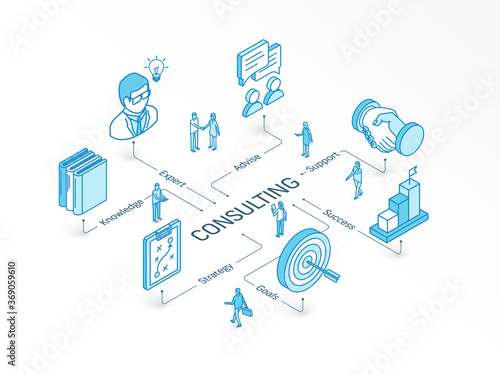 Consulting isometric concept. Connected line 3d icons. Integrated infographic system. People teamwork. Goals, Expert, Success symbol. Business Strategy, Advise, Knowledge and Support pictogram