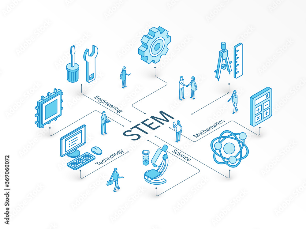 STEM isometric concept. Connected line 3d icons. Integrated infographic design system. People teamwork. Science, Technology, Engineering, Mathematics symbols. Math study, education, learning pictogram