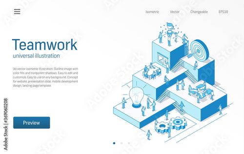Teamwork. Business people office work. Team success, communication modern isometric line illustration. Partnership, employee collaboration, trophy award icon. 3d vector. Growth step infograph concept