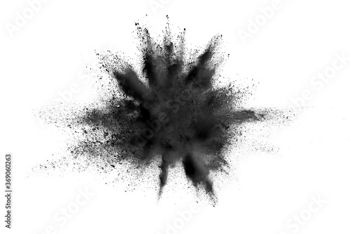 Black powder explosion on white background. Colored cloud. Colorful dust explode. Paint Holi. 