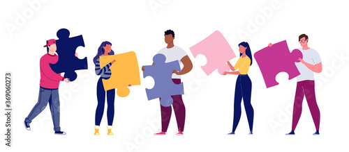 Team building concept. Business team metaphor. Business partners or company employees work together on a project. Young people put together puzzle pieces. Illustration.Vector. Flat. Cartoon.