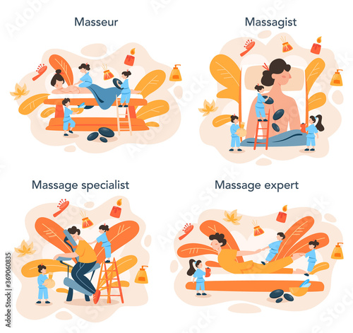 Massage and masseur concept set. Spa procedure in beauty salon.