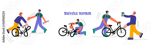 Bicycle repair. The mechanic repairs the bicycle, the mechanic inflates the wheels. The man brought a broken bike. Vector flat Illustration. Web graphics, banners, advertisements, business templates.