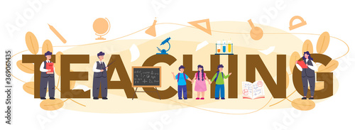 Teaching typographic header. Profesor standing in front of the