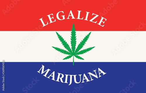 Banner in the form of the Dutch flag with a hemp leaf. The concept of legalizing marijuana  cannabis in Netherlands. Medical legalization of cannabis. Drug use and cultivation. Smoking weed