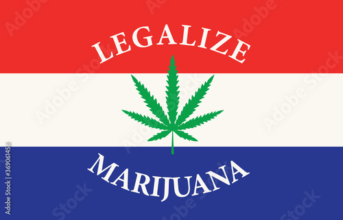 Banner in the form of the Dutch flag with a hemp leaf. The concept of legalizing marijuana, cannabis in Netherlands. Medical legalization of cannabis. Drug use and cultivation. Smoking weed