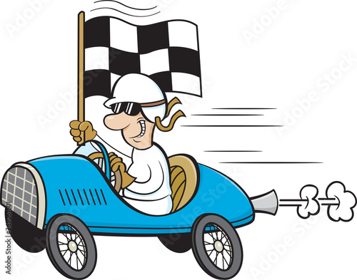 Cartoon illustration of a man wearing a helmet and goggles driving a race car and waving a checkered flag.