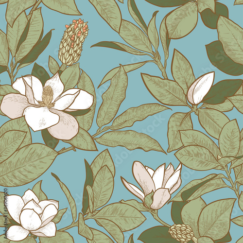 Seamles floral pattern with magnolias. Seamless vector texture.