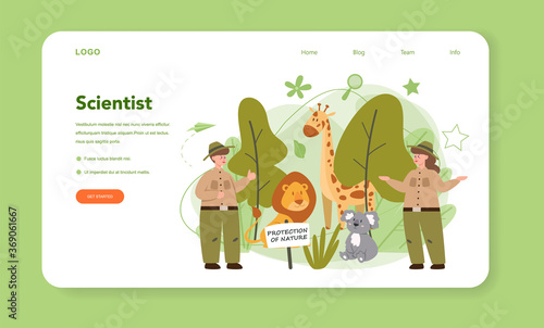 Zoologist web banner or landing page. Scientist exploring and studying