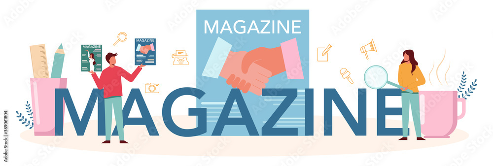 Magazine typographic header. Journalist and designer working Magazine typographic header. Journalist and designer working