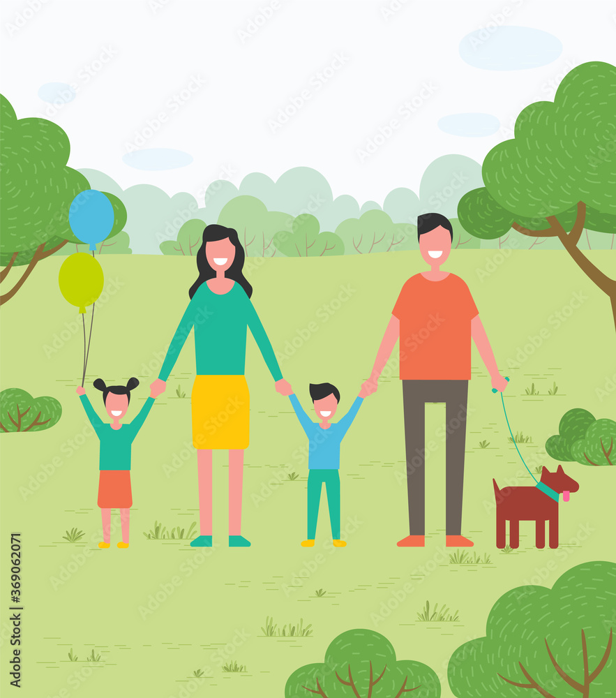 Happy family walking together in park or forest with dog. Mother and father, daughter and son with pet have walk outdoor. Vector flat illustration Happy family walking together in park or forest with dog. Mother and father, daughter and son with pet have walk outdoor. Vector flat illustration