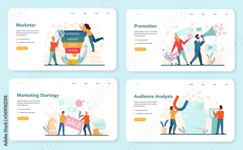 Marketer web banner or landing page set Advertising and marketing