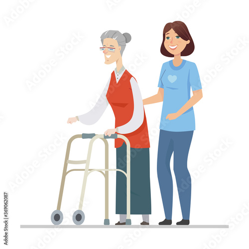 Volunteer helping senior woman - flat design style illustration