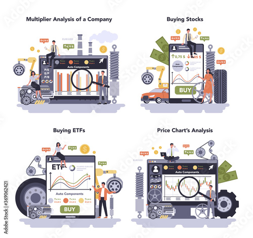 Spare parts production industry online service or platform set. Tires