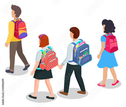 Education, children going to school with backpacks or schoolbags vector. Boys and girls carrying rucksacks with stationery, pupils or students, kids. Back to school concept. Flat cartoon isometric 3d