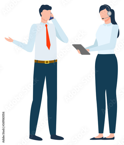 Boss with secretary vector, isolated businessman talking on phone with business partners. Woman helping director with tasks, lady wearing headphones looking at tablet screen flat style people