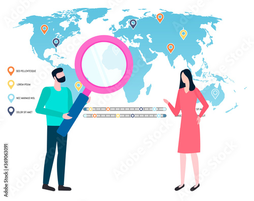 World map with marked places, navigation symbol and man with loupe investigating global market. Vector male and female managers and worldwide seo cooperation