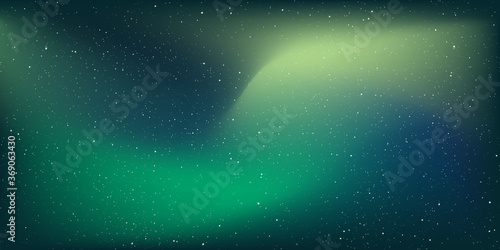 Northern lights. Night shining starry sky. Polar lights, luminescence, Green light beam in the sky. Space background and stars in infinity cosmos. Vector blurred background.