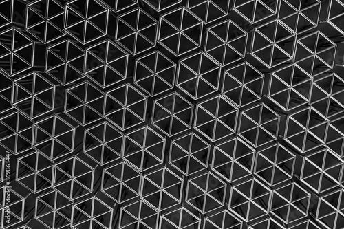 3d rendering of silver hexagons on black background. Abstract background with hexagons. Pattern for texture of wallpaper. 