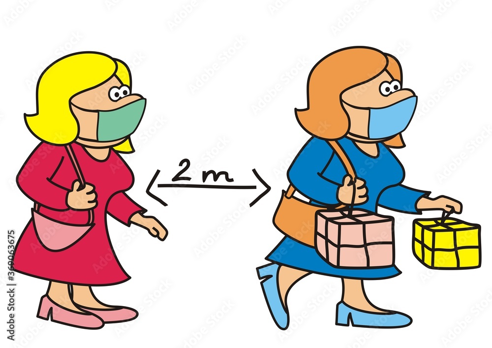 Women with protective masks in the shop, humorous vector illustration Women with protective masks in the shop, humorous vector illustration