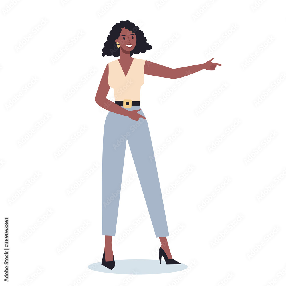 Business character pointing up something. Female business worker Business character pointing up something. Female business worker