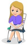 Book club after lessons for pupils. Schoolgirl sit on chair and read interesting textbook. Hobby reading stories, romances and novels. Back to school concept. Flat cartoon vector illustration
