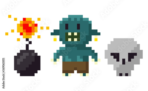 Pixel game elements vector, bomb with wick in flame isolated icon. Troll and skull, danger and explosion gamification retro flat style graphics set © robu_s
