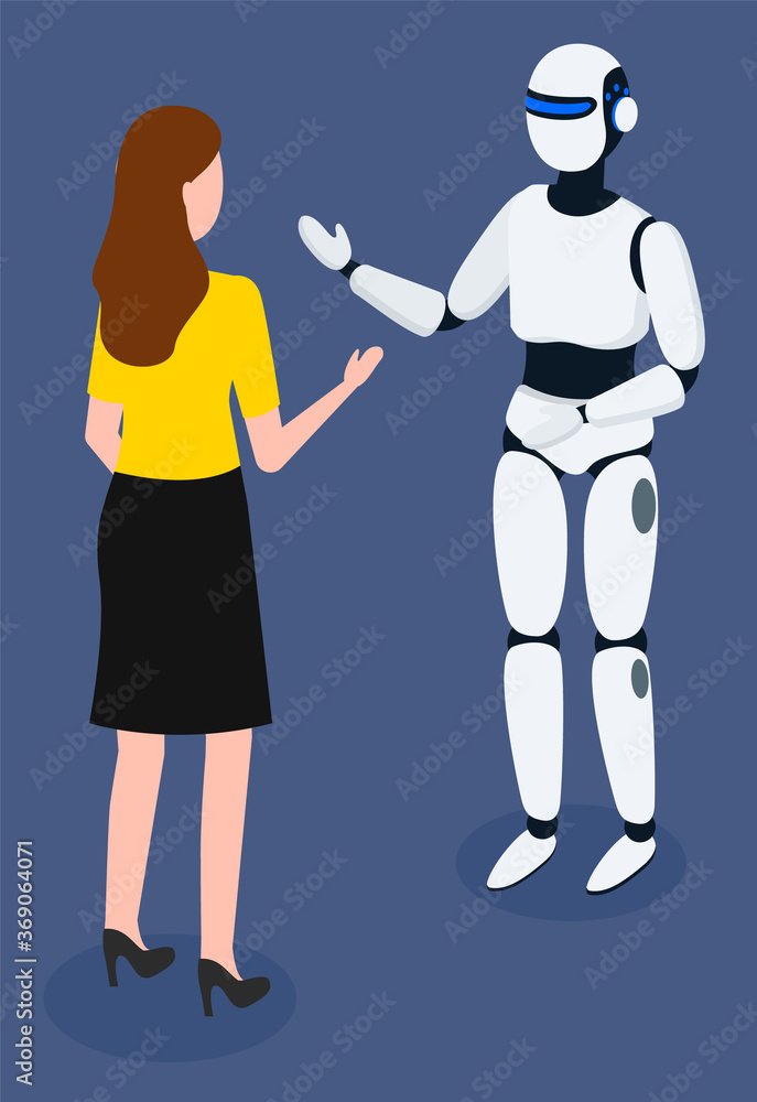 Woman standing and speaking with robot metal character. Modern conversation of female and wireless device person hi-tech. Discussion of lady and computer machine innovative technology vector