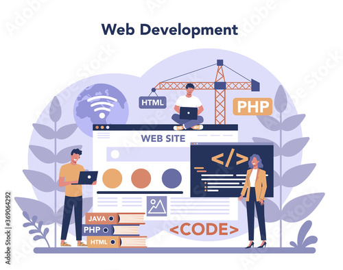 Web programming concept. Coding, testing and writing program