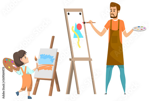 Art club after lessons for pupils. Little girl standing near easel and drawing painting. Teacher with paint palette teaching kid how to draw. Back to school concept. Flat cartoon vector illustration