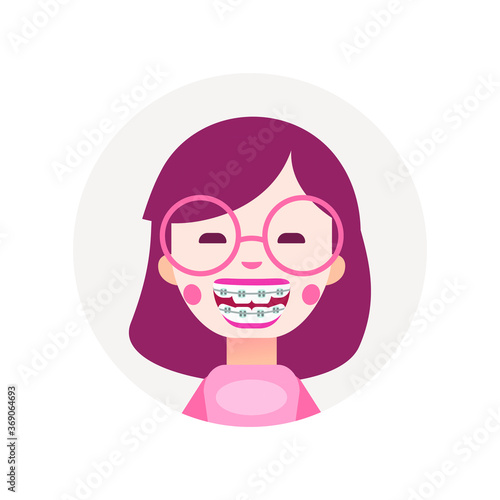 Cute smiling girl with braces on teeth. Happy kid with dental smile. Cartoon character portrait vector flat illustration