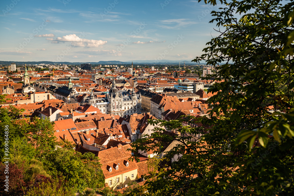 Top view on the town hall from the castle hill in Graz city. Traveling Austria
