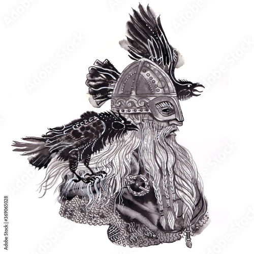 Foto Portrait of Scandinavian god Odin in viking helmet with two ravens