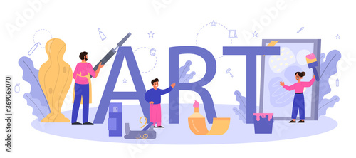 Art school education typographic header. Student holding art tools.
