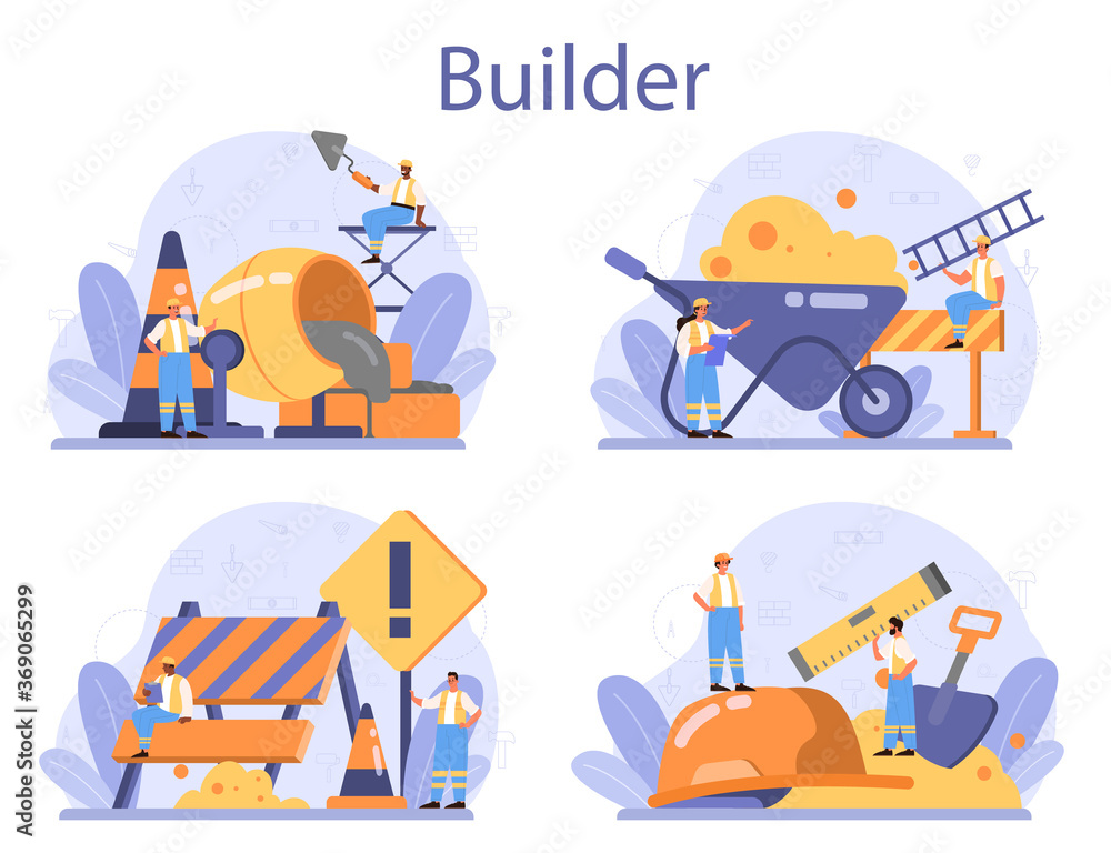 Fototapeta premium House building concept. Workers constructing home with tools