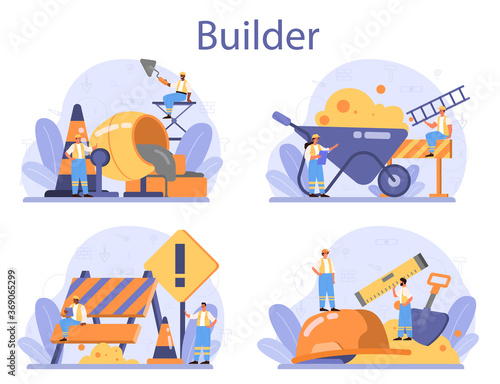 House building concept. Workers constructing home with tools