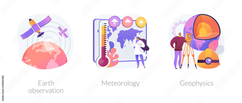 Planetary science abstract concept vector illustration set. Earth observation, meteorology and geophysics, satellite service, met station, weather prediction, space engineering abstract metaphor.