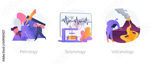 Geology science abstract concept vector illustration set. Petrology, seismology and volcanology, mineral, exploration, earthquake environmental effect, tectonic movement, Earth abstract metaphor. photo